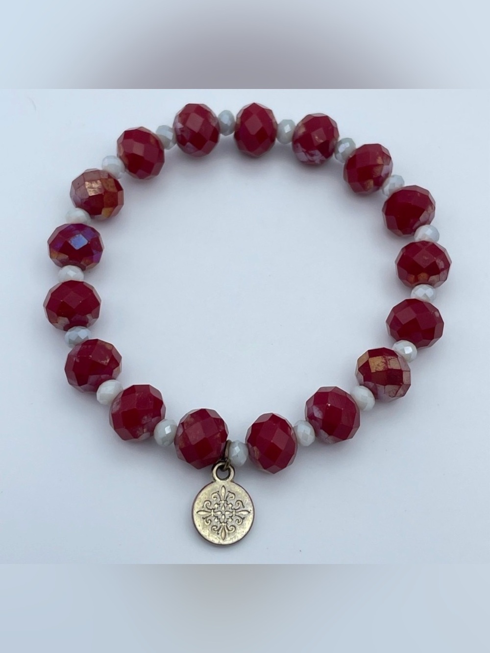 Beautiful Red Faceted Bead Stretch Bracelet w/ White Accents & Gold Charm